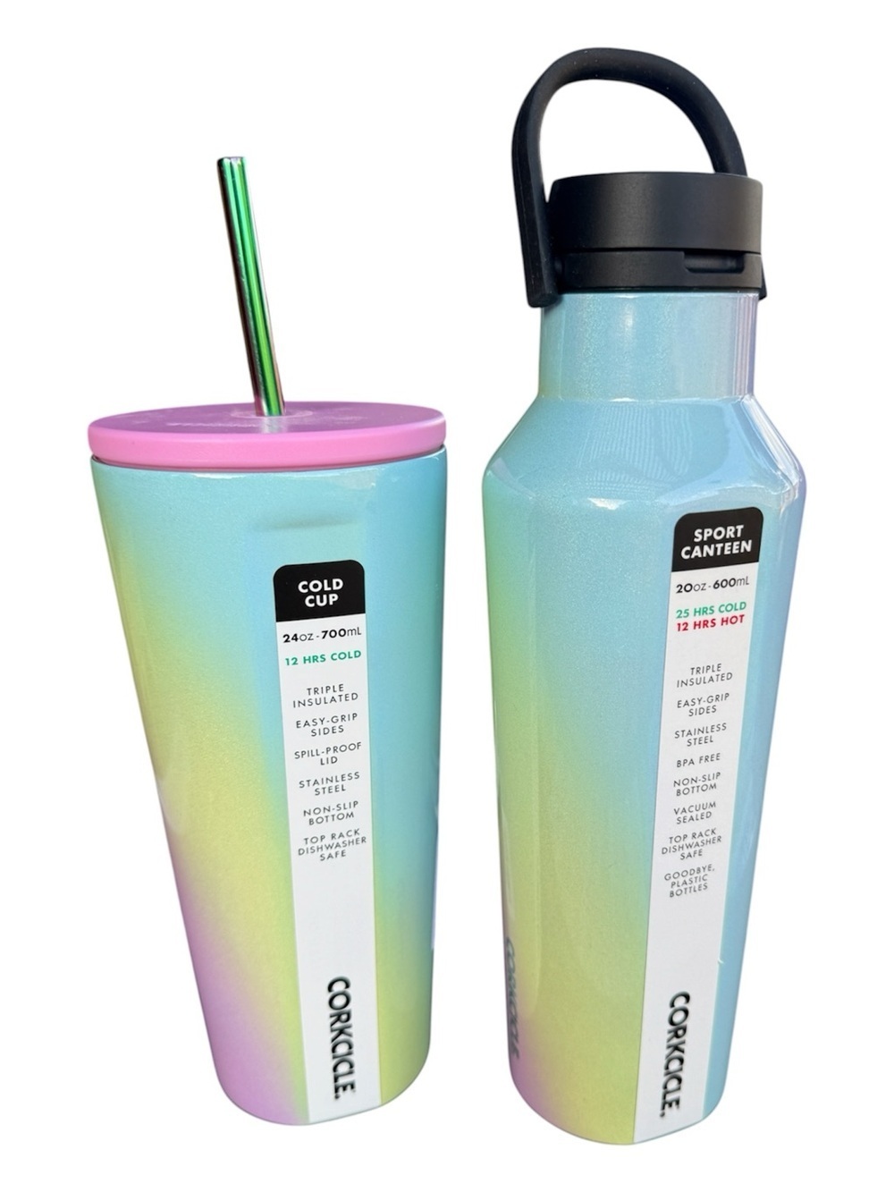 Corkcicle Unicorn Rainbow Duo NWT 24ox cold Cup and 20oz Canteen
